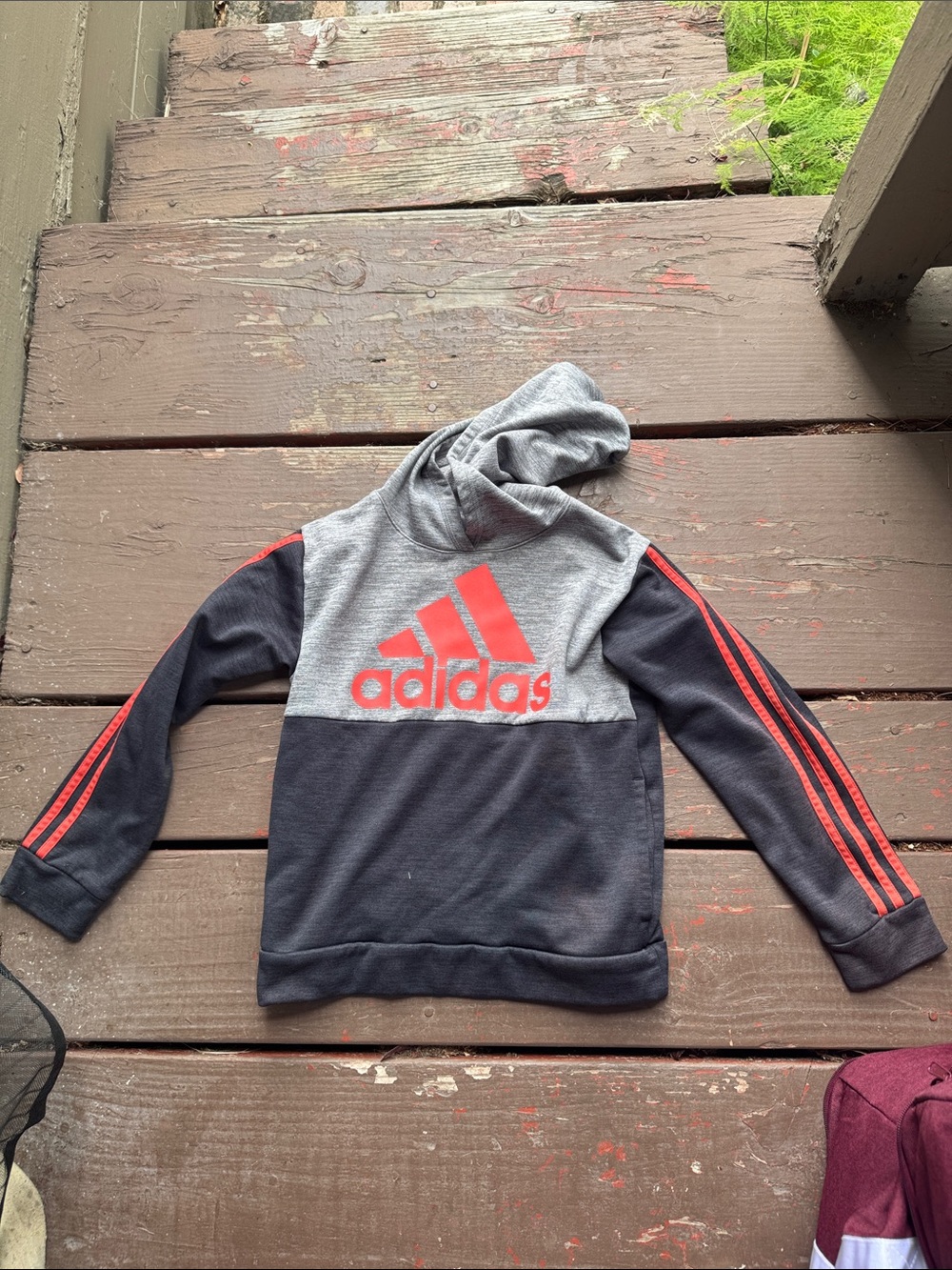 adidas Black & Gray Hoodie with Red Logo and Stripe Accents